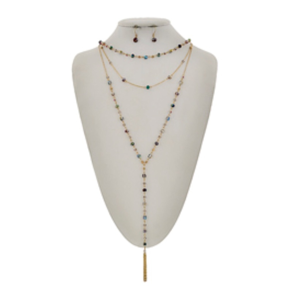 MULTI COLOR GLASS CRYSTAL LAYERED NECKLACE SET